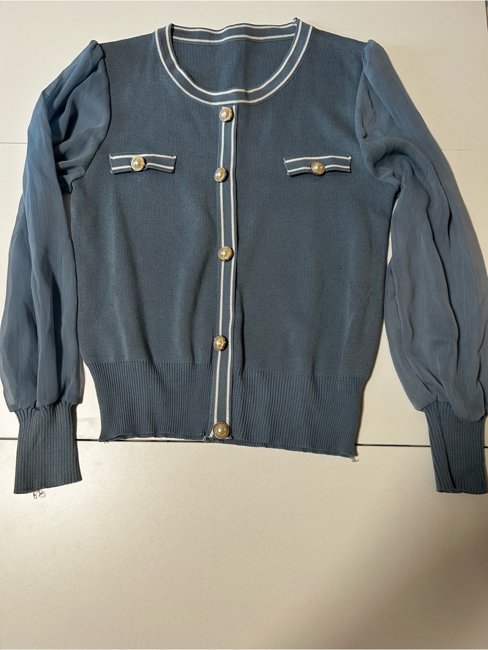 Dusty Blue Puff-Sleeve Cardigan with Pearl Buttons